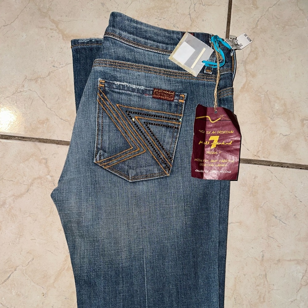 7 For All Mankind Classic Blue Jeans with Tan Stitching